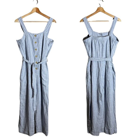 Everlane Linen Striped Button Up Jumpsuit Women's 4 Blue Tie Waist Boho Coastal - Picture 3 of 16